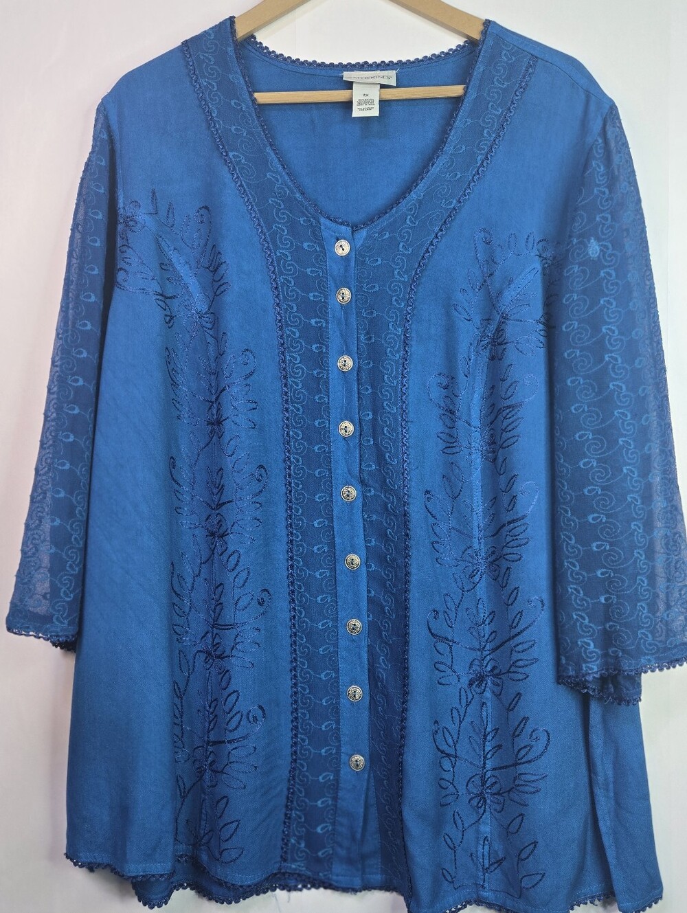 CATHERINES Women Sz 2X Peacock Blue Button-Front Women Tunic Top, Shear sleeves